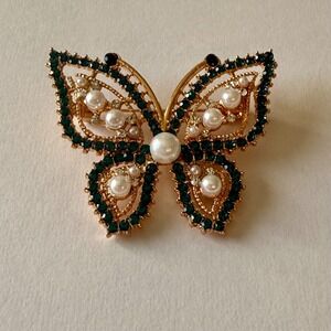 Mint Butterfly Brooch Pin Gold Tone Dark Green Rhinestone Faux Pearl Insect